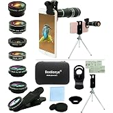 Cell Phone Camera Lens Kit,11 in 1 Universal 20x Telephoto 0.63Wide Angle 15X Macro 198&deg;Fisheye 2X Telephoto Kaleidoscope CPL Starlight Eyemask Tripod,for Most iPhone Smartphone (Black)
