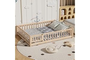i-POOK Full Floor Bed for Children, Sturdy Wood Montessori Bed Frame with Wood Slats, Fence & Door, Montessori Floor Bed for Girls and Boys, Natural (with Bed Slats)