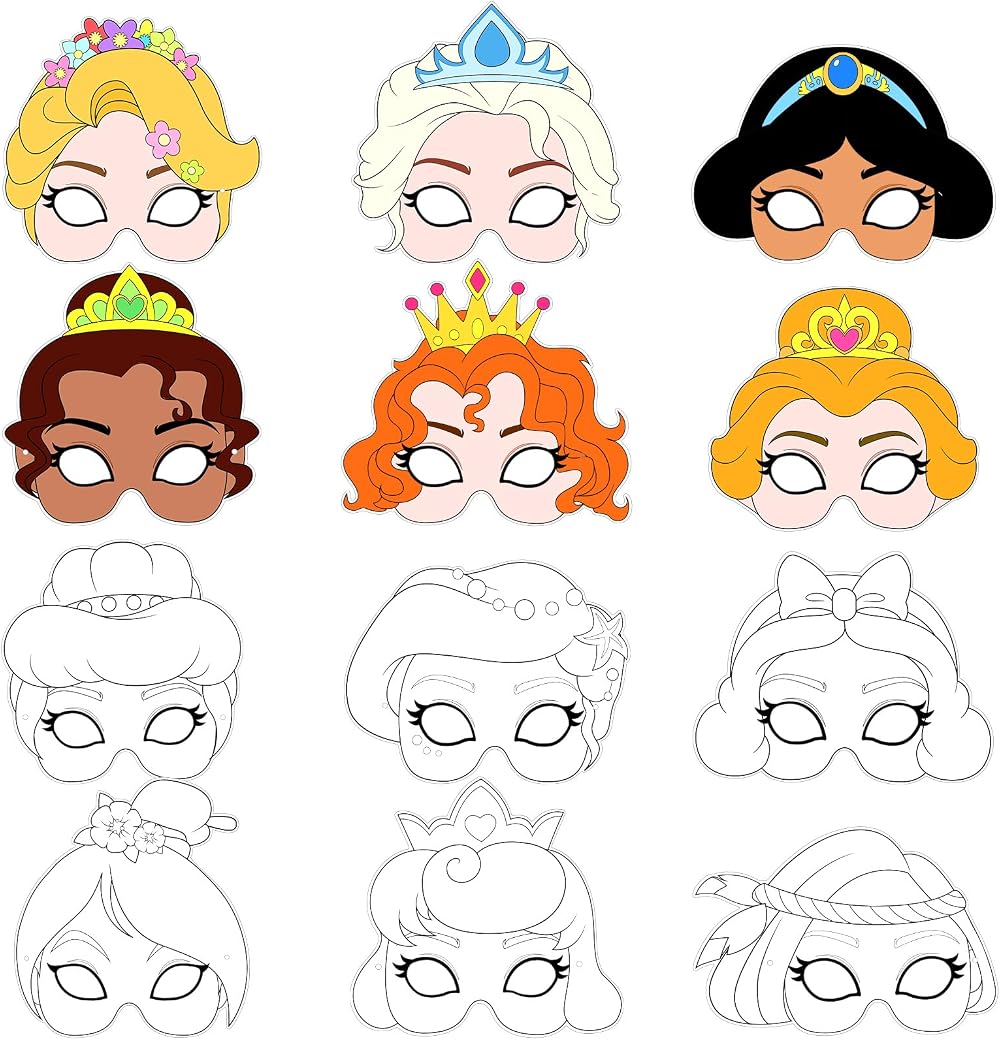 Hifot Princess DIY Masks for Kids 12pcs Colour-In Card Craft Paper Costume