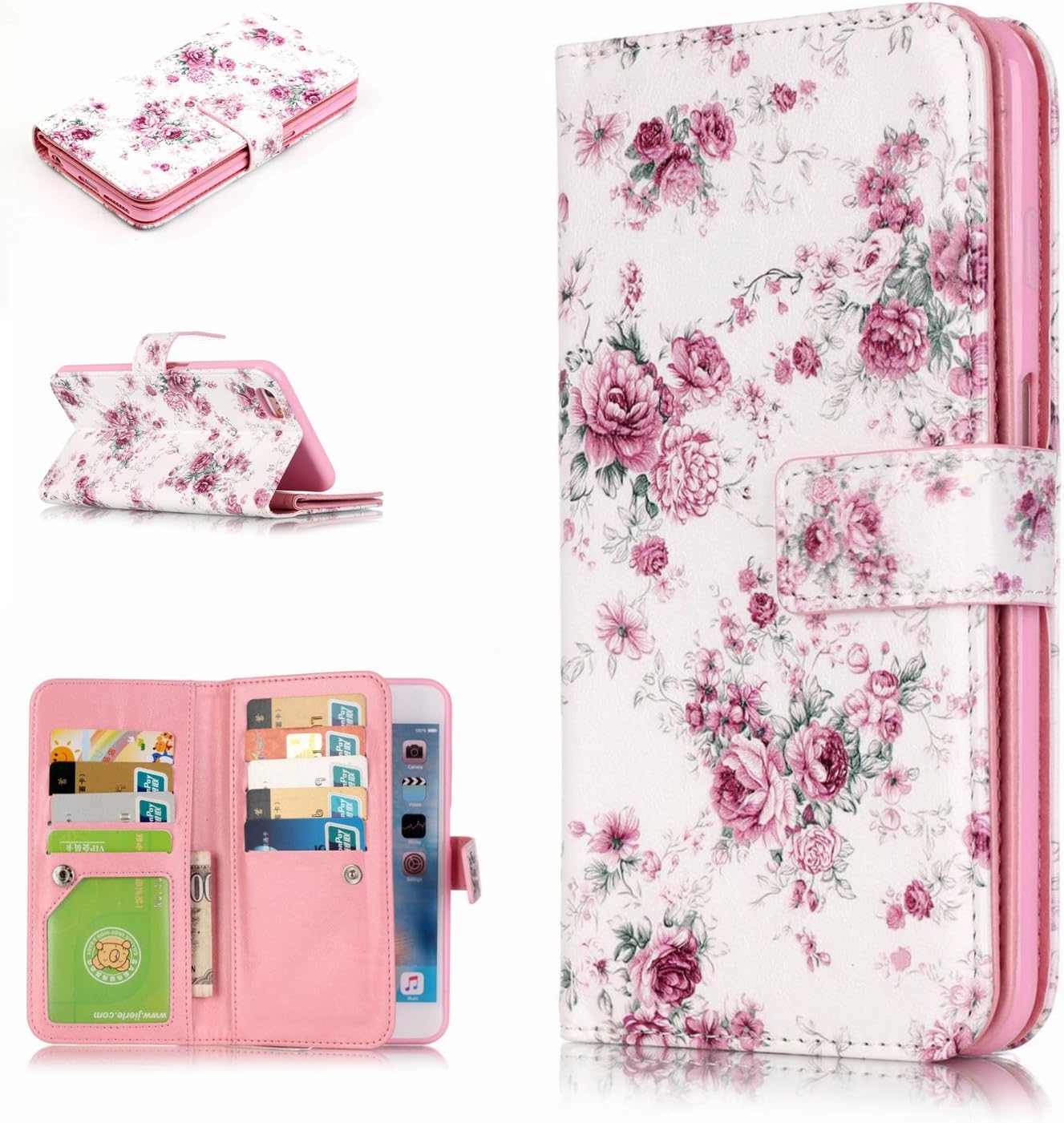 Aeeque iPhone 6S plus Fold Wallet Cover, Beautiful Pink Floral Pattern and Premium PU Leather Stand Flip Phone Case for iPhone 6 plus 6S plus 5.5" with Magnetic Closure / 9 Card Slots
