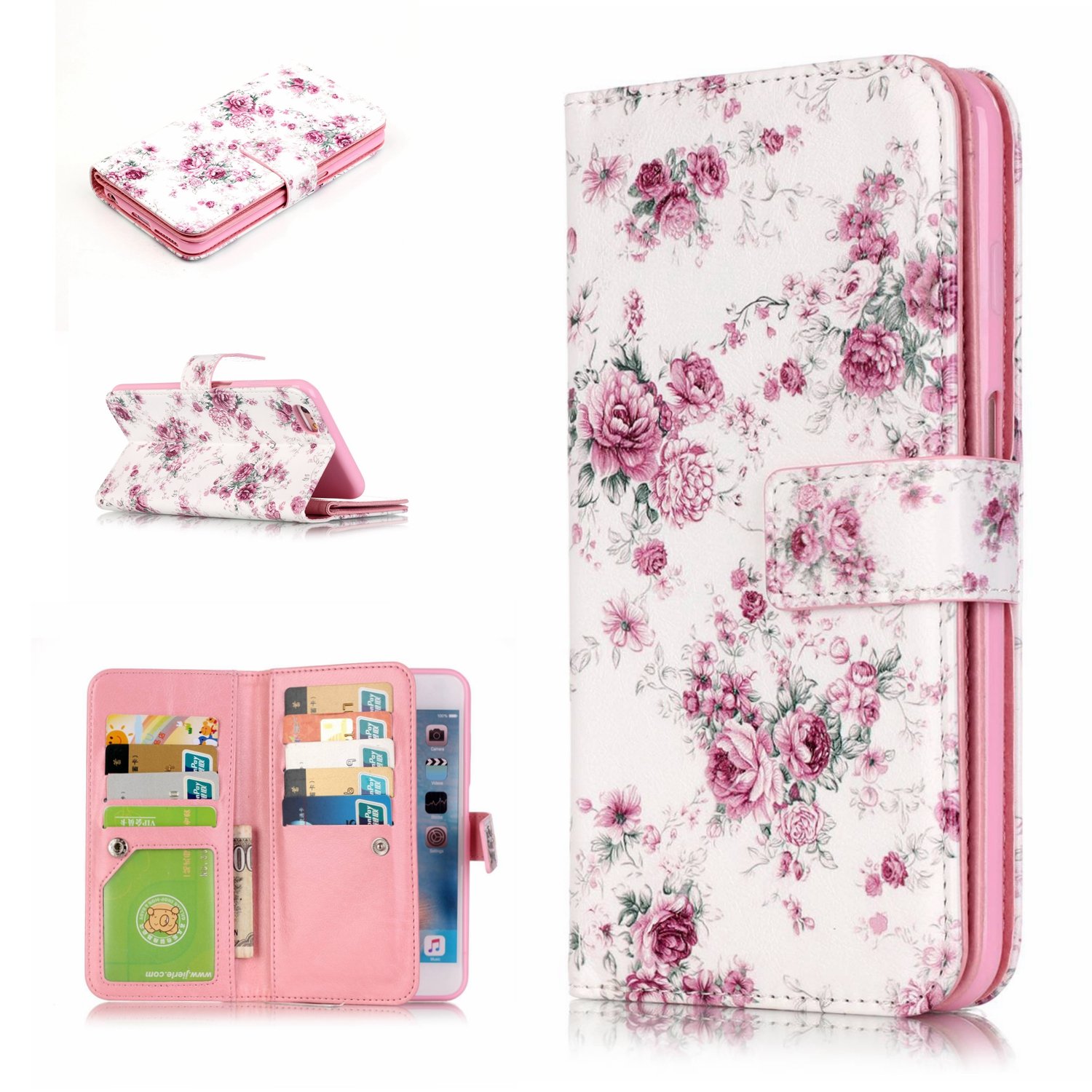 Aeeque iPhone 6S plus Fold Wallet Cover, Beautiful Pink Floral Pattern and Premium PU Leather Stand Flip Phone Case for iPhone 6 plus 6S plus 5.5" with Magnetic Closure / 9 Card Slots