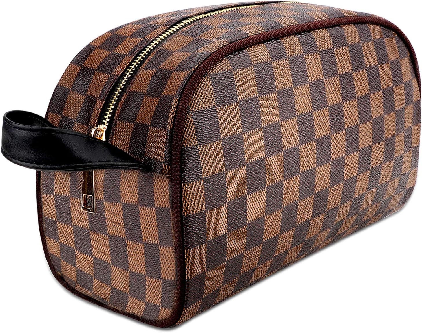 Large Makeup Bag Leather Travel Cosmetic Bag for Women Brown Checkered Waterproof Makeup Organizer Purse Toiletry Pouch Storage Makeup Tools