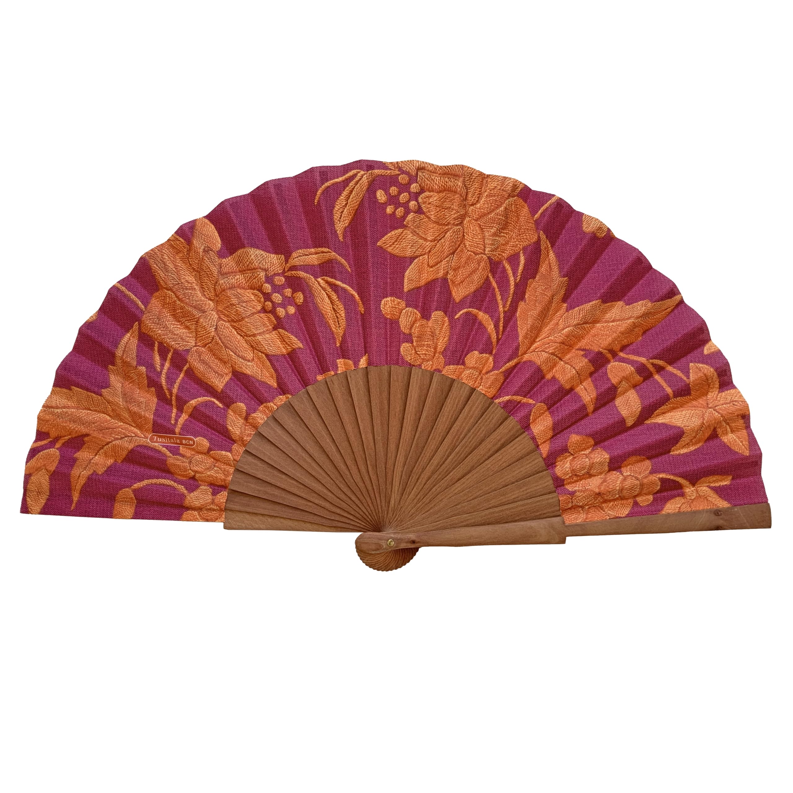 Tusitala Barcelona - Alba Fan - Spanish Wood and Cotton Fan - Fashion accessory Handmade fashion accessory - Natural Jute Cover Included - Original Gift - 23 cm.