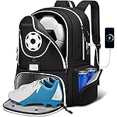 YOREPEK Large Soccer Backpack, Soccer Bag for Boys with Ball & Detachable Shoe Compartment, Wet Dry Pocket, Detachable Name Card, Equipment Bag with USB Charging Port Fits 15.6 Inch Laptop