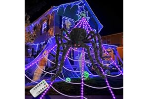 ECOHDT Brighter Spider Webs Halloween Decorations Lights,250 Purple LED Light Up,8 Modes 16.4Ft Giant Spiderweb with Remote Control,48'' Giant Spider,Halloween Decor for Yard Outside