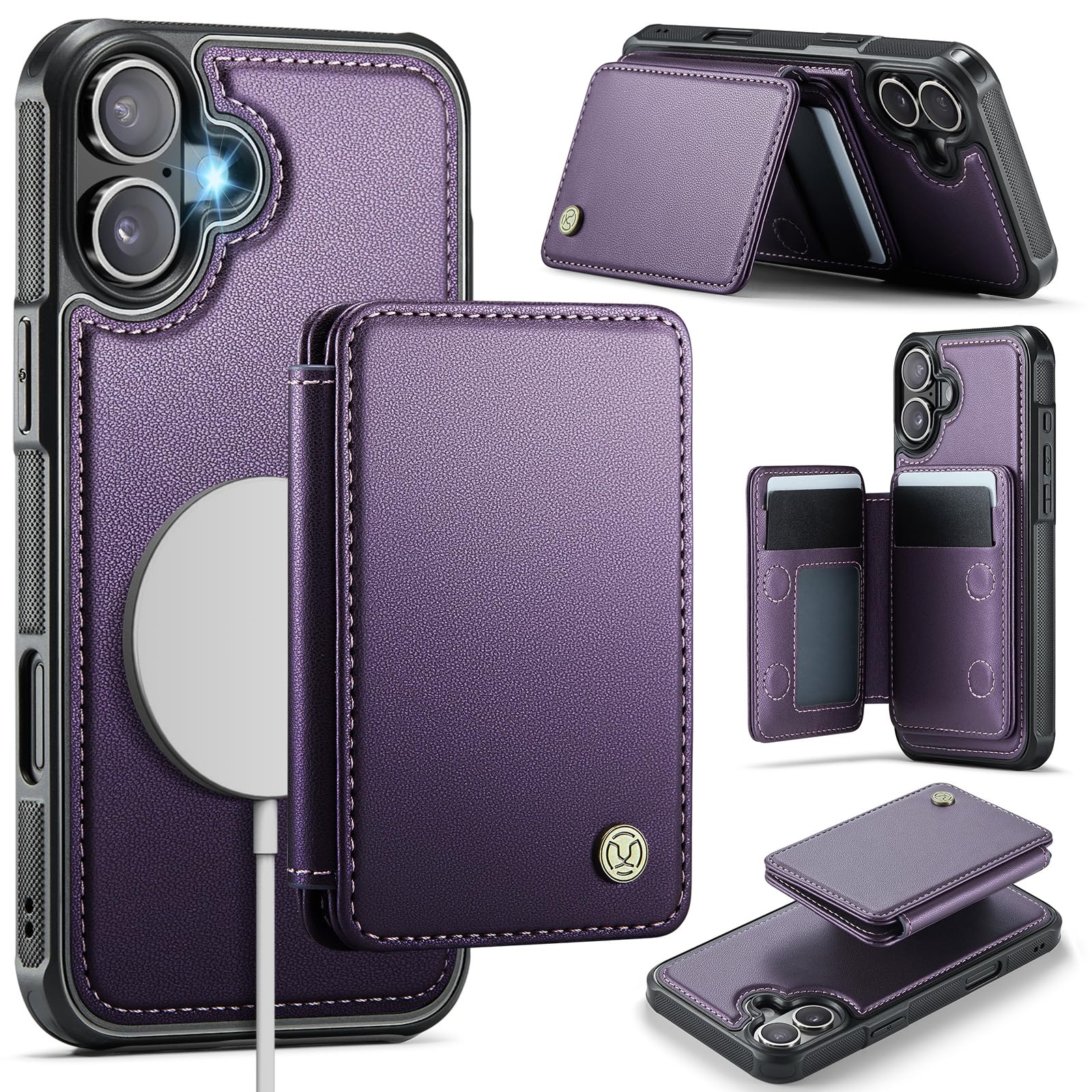Photo 1 of Usroom Compatible with Magsafe for iPhone 16 Wallet Case Magnetic Card Holder, RFID Blocking 2 in 1 Detachable Kickstand Shockproof Case for Apple iPhone 16, Purple