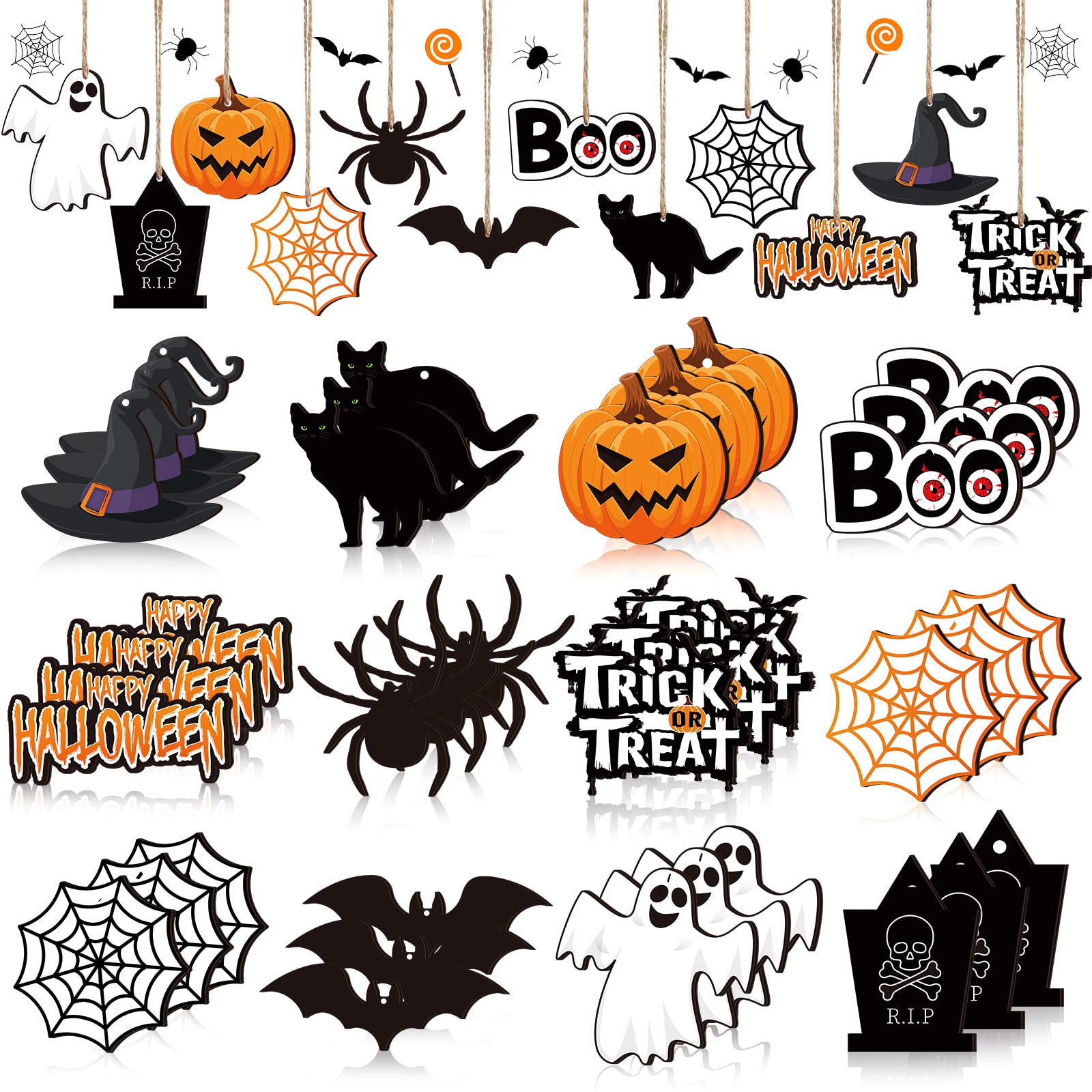 Photo 1 of 36 Pieces Halloween Wooden Hanging Ornaments Halloween Tree Decorations Wood Hanging Cutouts with Ropes for Trick or Treat Party Supplies (Ghost Style)