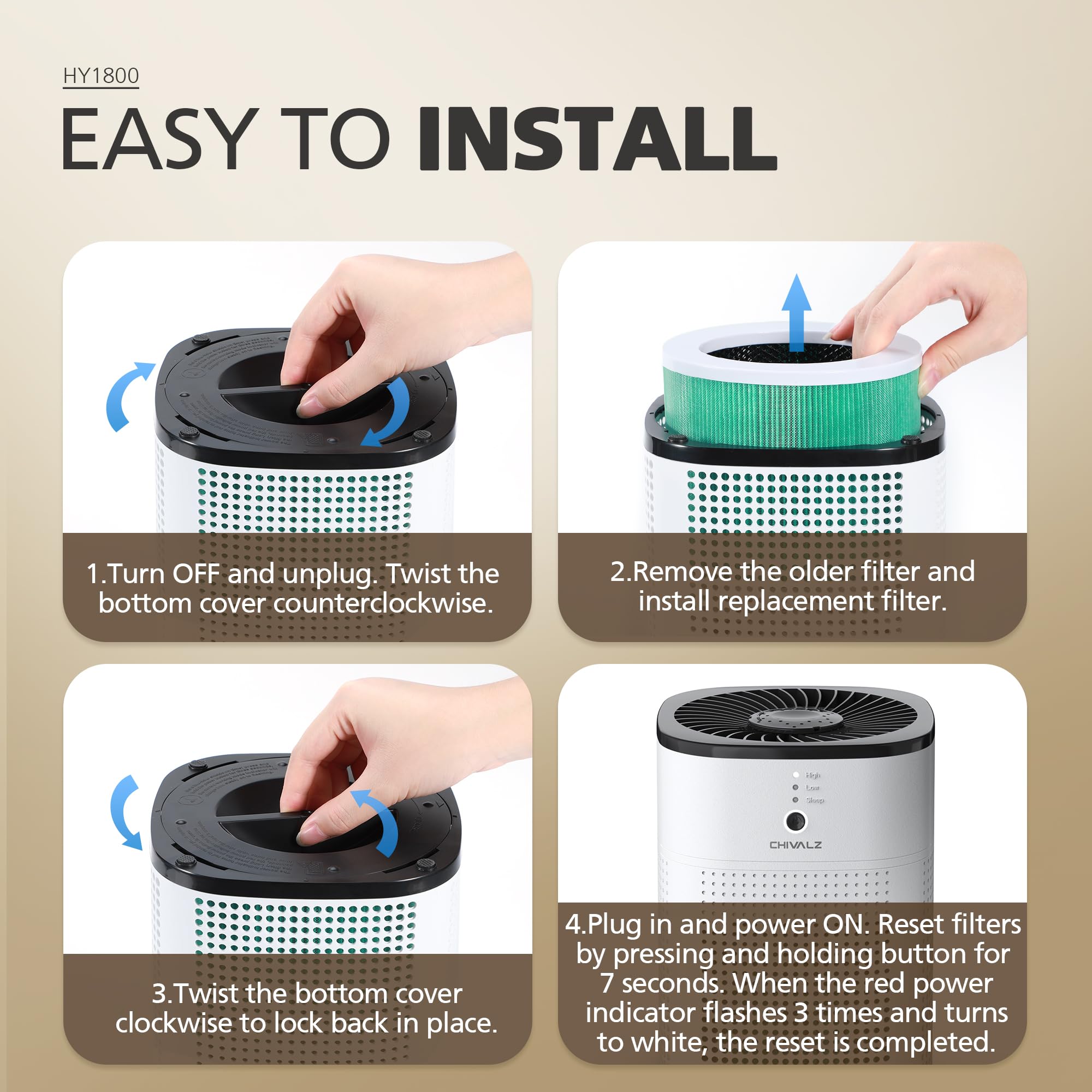 2 Pack CHIVALZ Air Purifiers for Bedroom with True HEPA Filter for Smoke, Dust, Pollen, Pet Dander, Small Air Purifiers for Home Bedroom, Quiet Air Cleaner with 24dB Sleep Mode, White & Black - Image 9