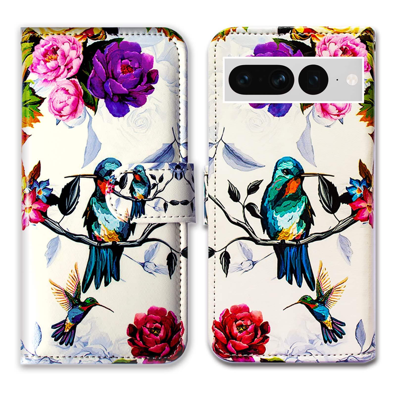 Bcov Pixel 7 Pro Case, Hummingbird In Flowers Bird Leather Flip Phone Case Wallet Cover with Card Slot Holder Kickstand For Google Pixel 7 Pro