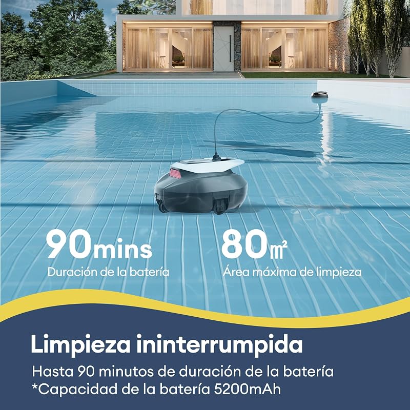 Robot Limpiafondos Piscina, 90Min, 80m², Recogida sin Poste, Estacionamiento Automático, Aspirador Piscina Fondos sin Cable con 2 Motores, 5200mAh, para Piscina Elevada y Enterrada