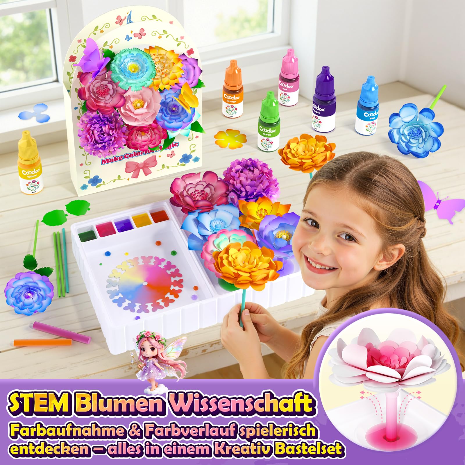 DIY Blumen Bastelset Kinder – Magisches Färben Floristik Set Basteln Mädchen Jungen Montessori Spielzeug ab 3 Jahre, Kreatives Geburtstags Ostern Valentinstag Geschenke Mädchen 3 4 5 6 7 8 9 10 Jahre 4