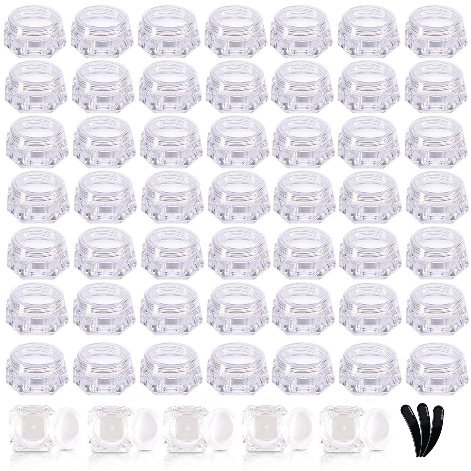 50 Pcs 5g Empty Cosmetics Container Pots Transparent Travel Plastic Jars Diamond Shape with Clear Screw Lids for Cream, Sample, Powder, Makeup Storage, Includes 3 Pack Mini Spatula by Yalbdopo