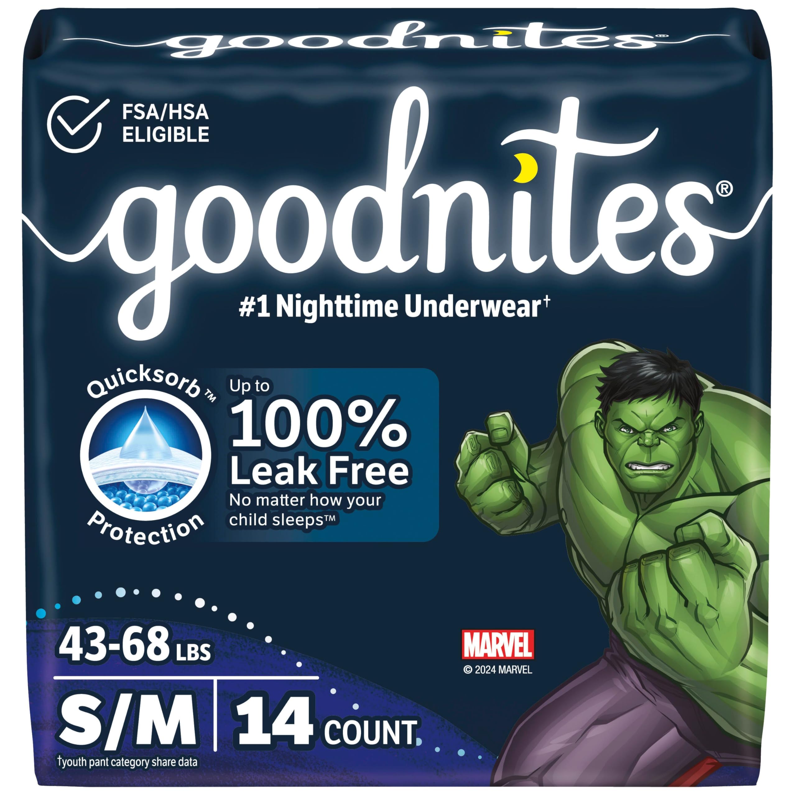 Photo 1 of Goodnites Boys' Nighttime Bedwetting Underwear, Size S/M (43-68 lbs), 14 Ct, Packaging May Vary