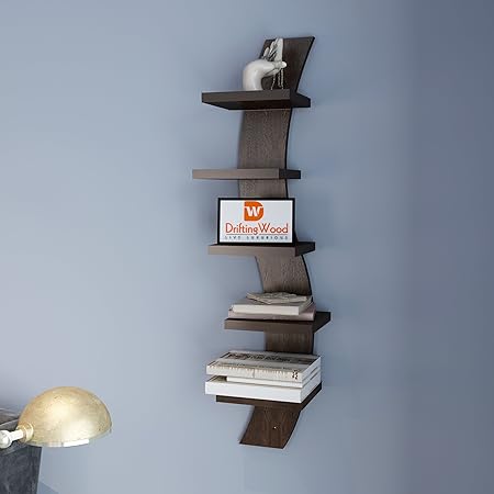 Driftingwood Wall Shelf Rack Curve Shape 5 Tier Wall Shelves - Wenge Texture Laminated