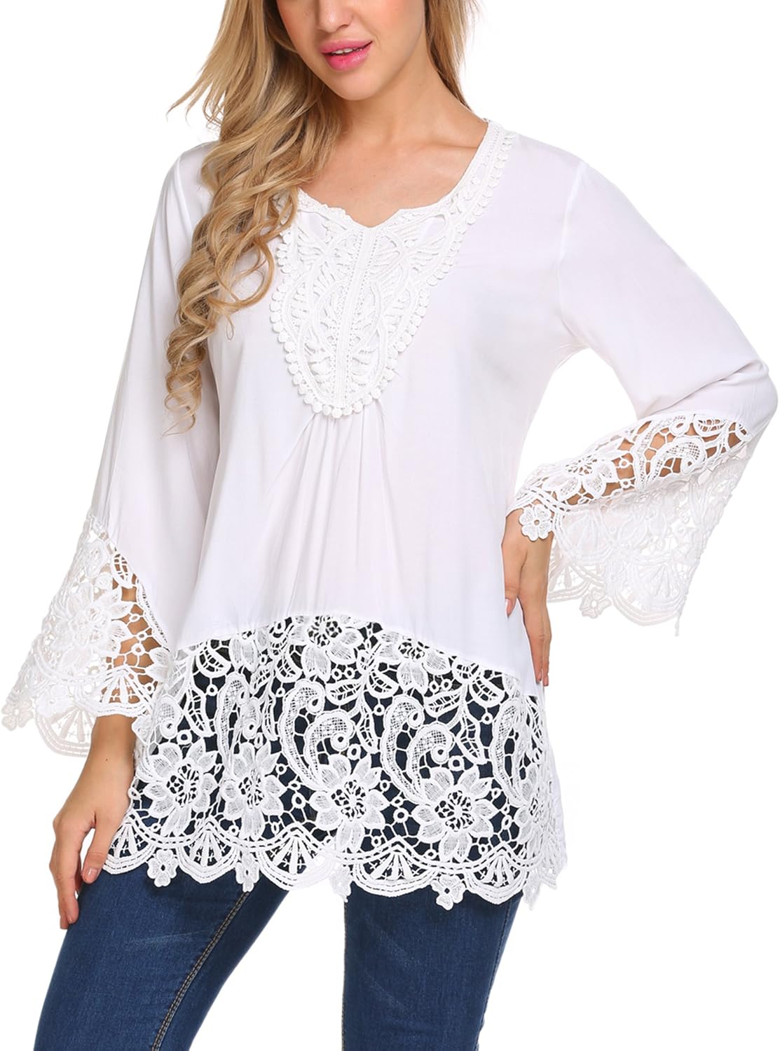 SoTeer Womens Casual V Neck Loose Top Flare Sleeve Lace Splice Blouse Shirt Tops S-XXL: Clothing