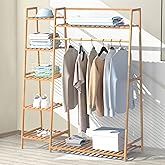 RELIANCER Bamboo Clothing Garment Rack,Free Standing Clothes Coat Hanger,Closet Organizer w/Shoe Rack,Multi-tiered Wardrobe Storage Shelves,Clothes Hanging Racks for Hall,Living Room,Bedroom,Entryway