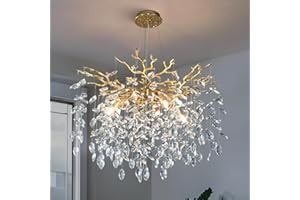 YUYI 23.6" Modern Gold Tree Branch Crystal Chandelier, 8-Light Round Raindrop Pendant Lighting for Dining Room Living Room Bedroom Kitchen Foyer Entryway, Luxury K9 Crystal Statement Light Fixture
