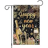 Heyfibro Happy New Year Christmas Firework Garden Flag 12x18 Inch Double Sided Burlap Champagne Celebration Banner for Winter Holiday Party Yard Outdoor Decoration(ONLY FLAG)