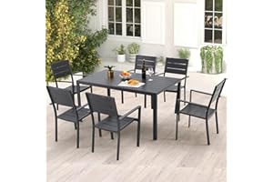 U-MAX 7-Piece Aluminum Outdoor Dining Set, Patio Table and Chairs Set for 6 Morden Outdoor Furniture Set with Aluminum Frames, Rectangular Table and Stackable Chairs for Garden, Black