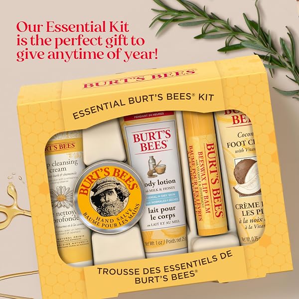 BURT’S BEES GIFTS IDEAS – ESSENTIAL EVERYDAY BEAUTY SET, 5 TRAVEL SIZE PRODUCTS – DEEP CLEANSING CREAM, HAND SALVE, BODY LOTION, FOOT CREAM AND LIP BALM