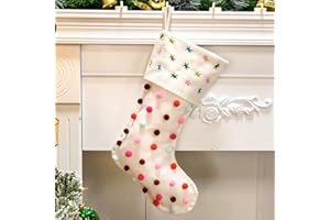 Hopearl Pom Pom Christmas Stocking Kit Boho Style Socks Ultra Soft Holder Ornament Luxury Gifts Bags for Family Xmas Tree Party Supplies, Cream, 18''