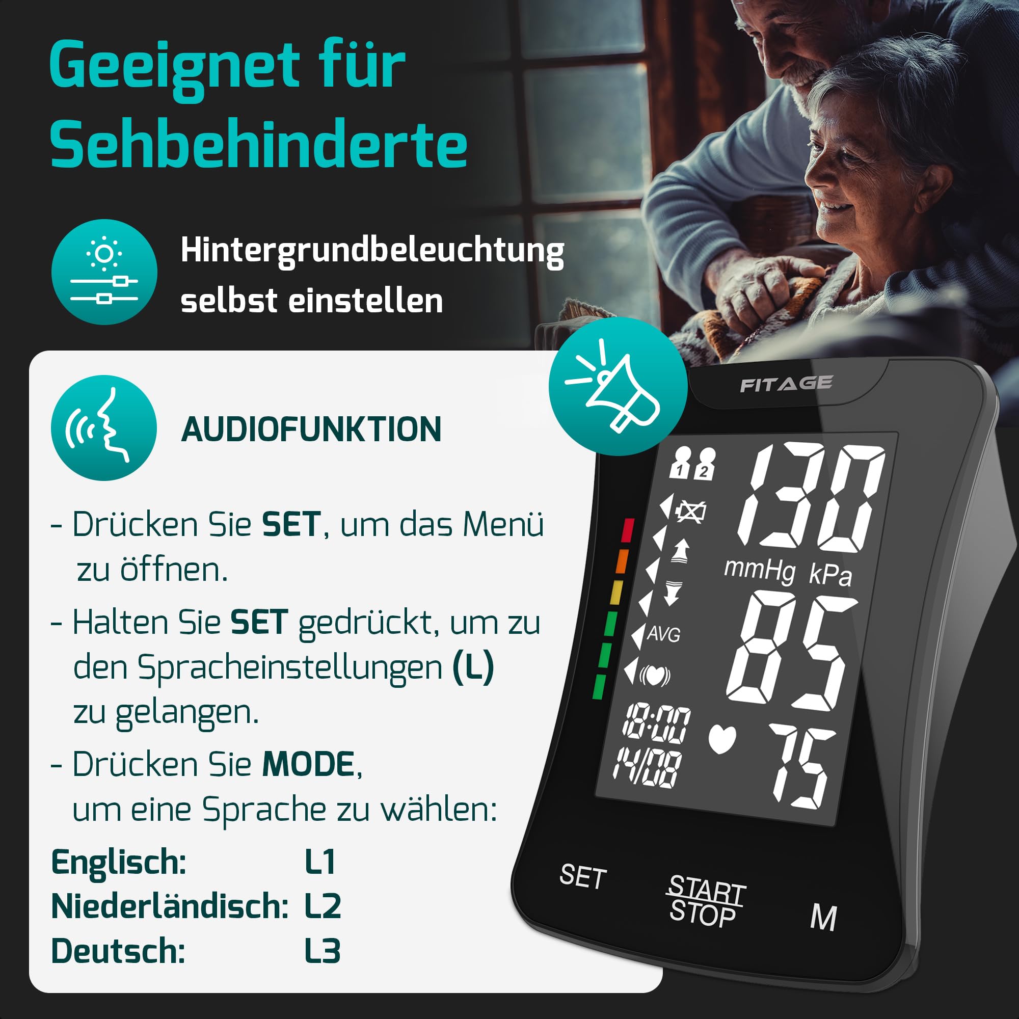 FITAGE Blutdruckmessgerät Oberarm Digital Blutdruck-Messgerät und Pulsmesser mit Speicherfunktion Manschettensitzkontrolle für Oberarmumfänge von 22-42 cm, Arrhythmie-Erkennung Blood Pressure Monitor 7