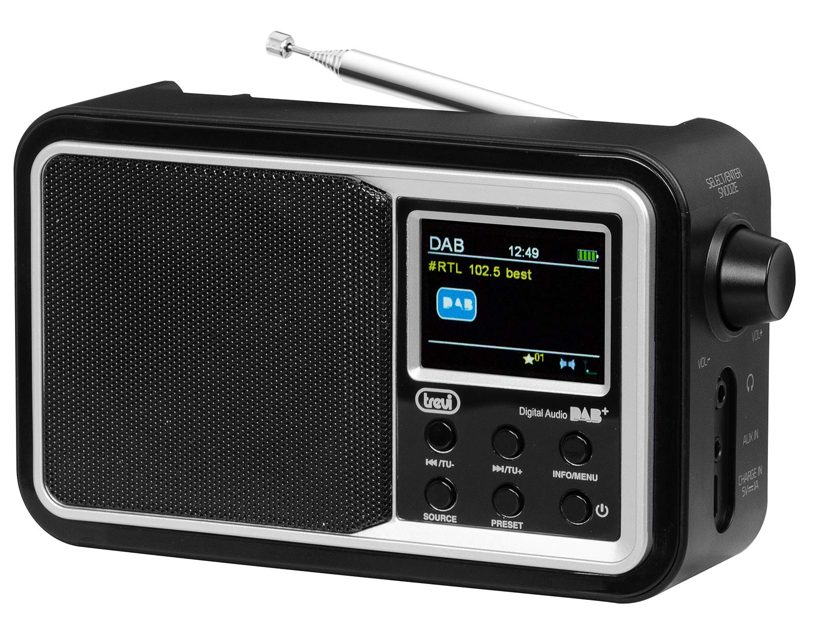 Trevi DAB 7F96 R Portable Radio with DAB/DAB+ / FM Receiver, 2" Color Display, Storage Stations, Bluetooth, AUX-IN, Clock with Two Programmable Alarms, Rechargeable Battery
