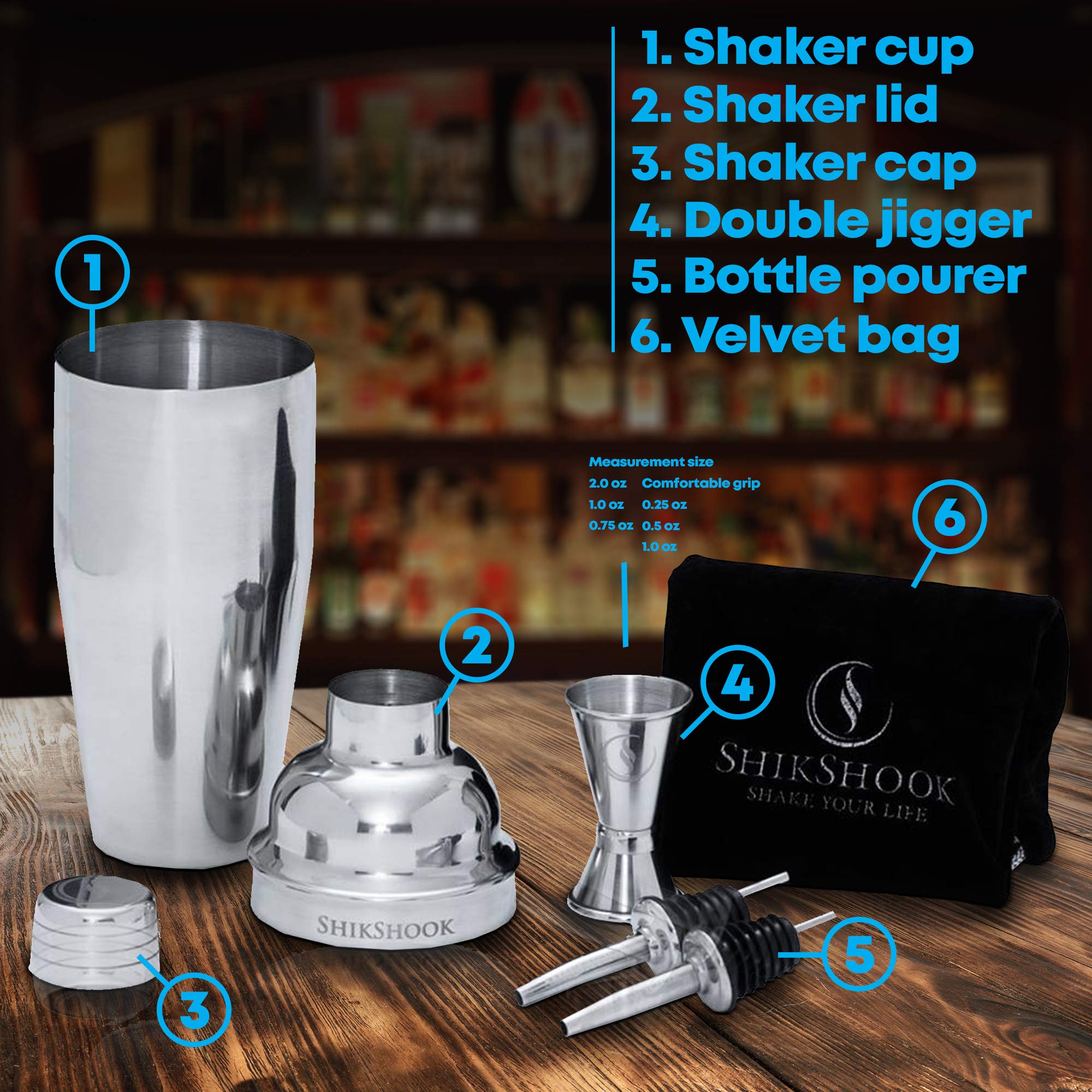 SHIKSHOOK Cocktail Shaker 25oz & Double Jigger 1oz \\ 2oz & 2 Liquor Pourers - Professional Bartender Kit in a Accessories Bag and E- Book: 150 Recipes - Martini Drink Mixer Barware Tools Supplies