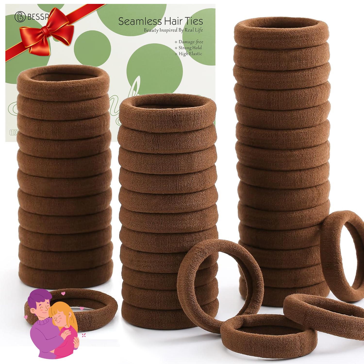 View 1 of 100 Pcs Thick Seamless Hair Ties, Ponytail Holders Hair Accessories No Damage for Thick Hair Valentine's Day Gift(Dark Brown Colors)