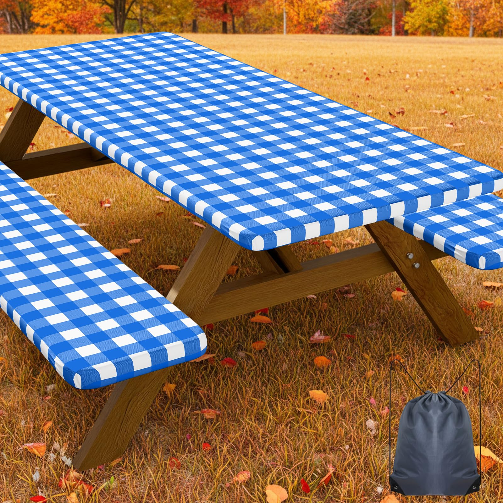 Photo 1 of Smiry Picnic Table Cover with Bench Covers, Waterproof Elastic Fitted Tablecloths for 6 Foot Rectangle Tables, Washable Buffalo Plaid Tablecloth for Camping, Outdoor (Blue & White, 30"x72")