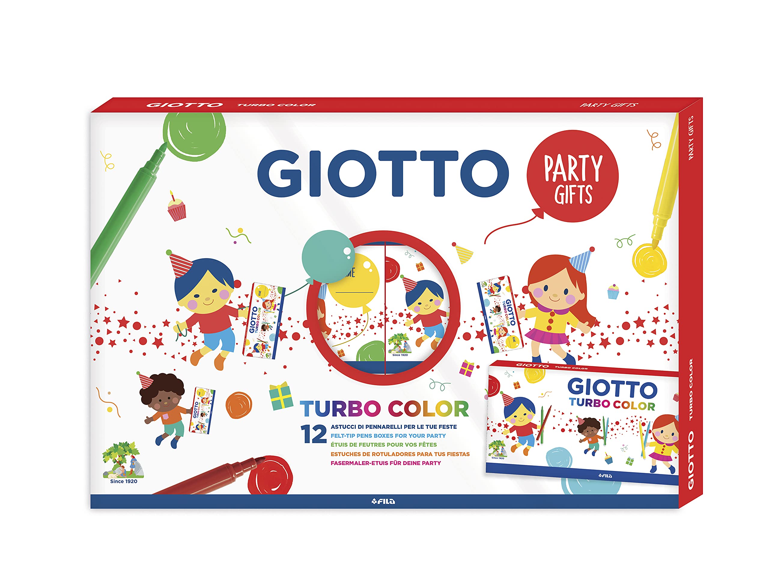 GIOTTO Kids 12 x Party Gift Sets with 6 Turbo Colour Felt Tip Pens, Assorted Colours, Super Washable, For Children's Party Bags