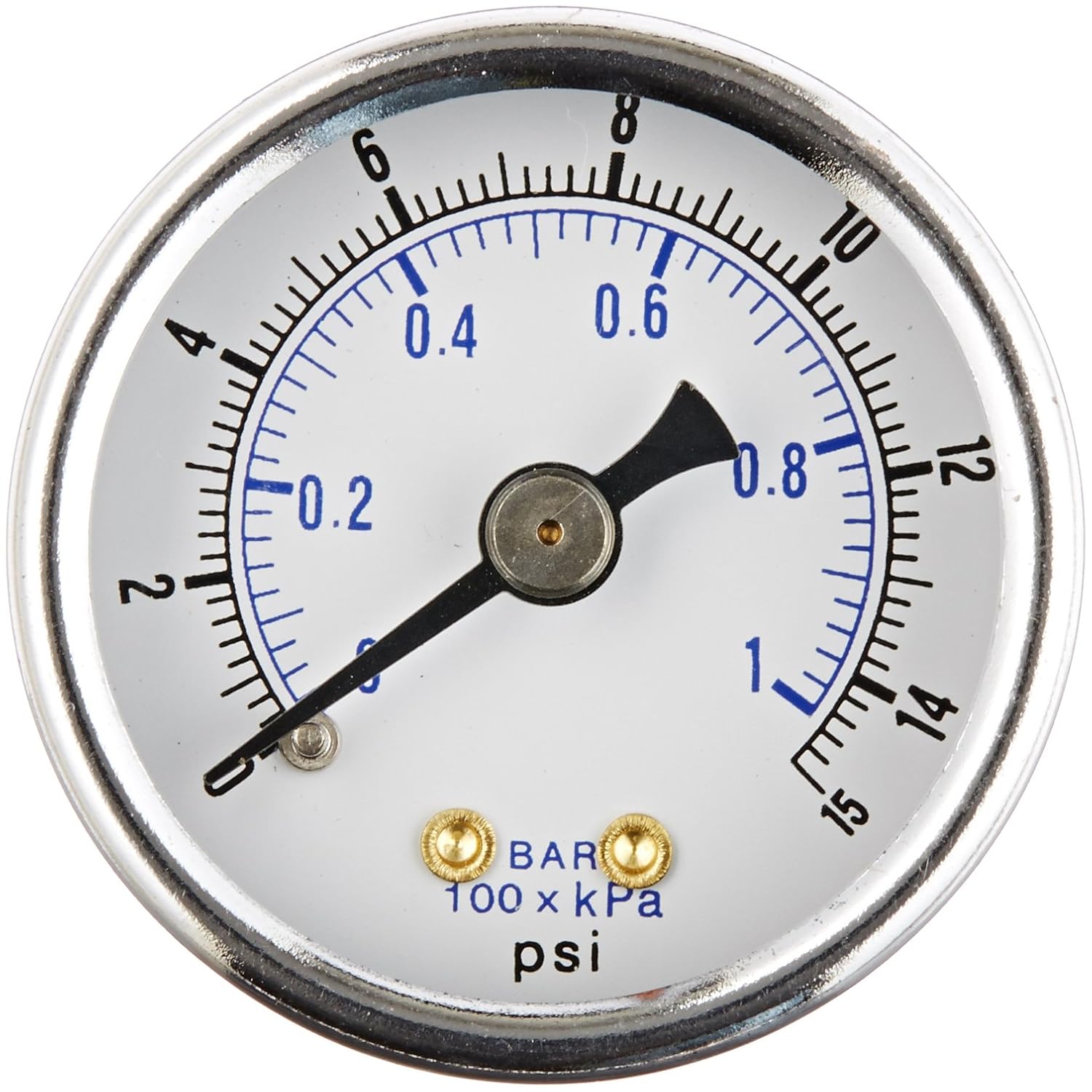 PIC Gauge 102D-158B-GL 1.5" Dial, 0/15 psi Range, 1/8" Male NPT Connection Size, Center Back Mount Dry Pressure Gauge with a Black Steel Case, Brass Internals, Chrome Bezel, and Glass Lens