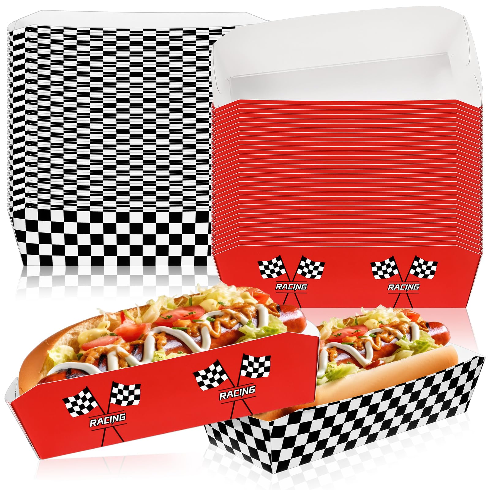 Photo 1 of Yeaqee 50 Pcs 7" Racing Car Hot Dog Trays Racing Car Disposable Checkered Paper Trays Nacho Boats Game Day Serveware Bulk Race Themed Food Tray Snack Party Baskets Supplies for Concession Picnic