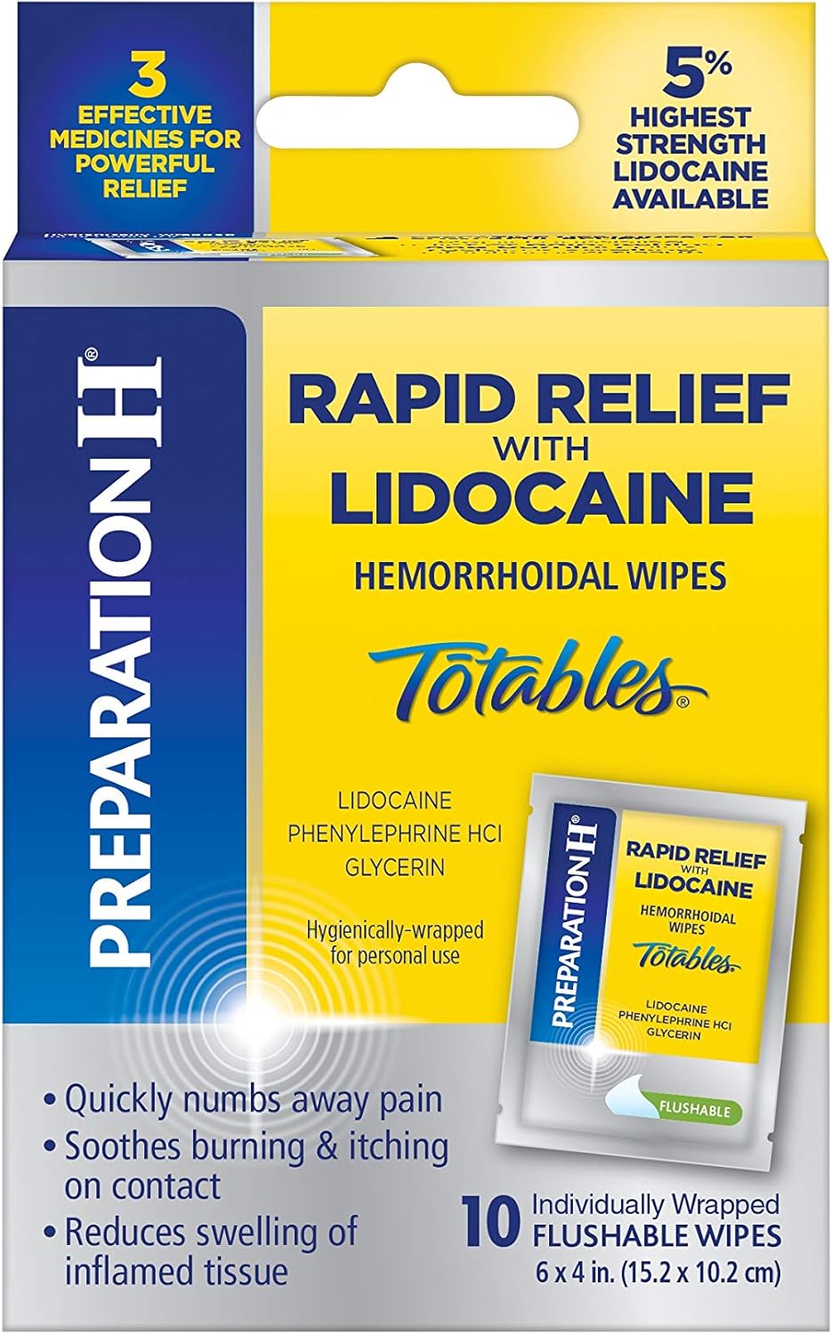 Preparation H Rapid Relief with Lidocaine Hemorrhoid Symptom Treatment Flushable Wipes, Numbing Relief for Pain, Burning and Itching, Reduces Swelling, 10 Count Box: Health & Personal Care