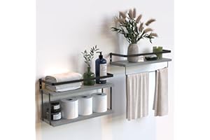 RICHER HOUSE 2+1 Tier Wall Mounted Floating Shelves Set of 2, Rustic Wood Wall Shelf with Metal Frame, Extra Storage Rack for Bathroom, Kitchen, Bedroom with Tissue Rack & Towel Bar - Grey
