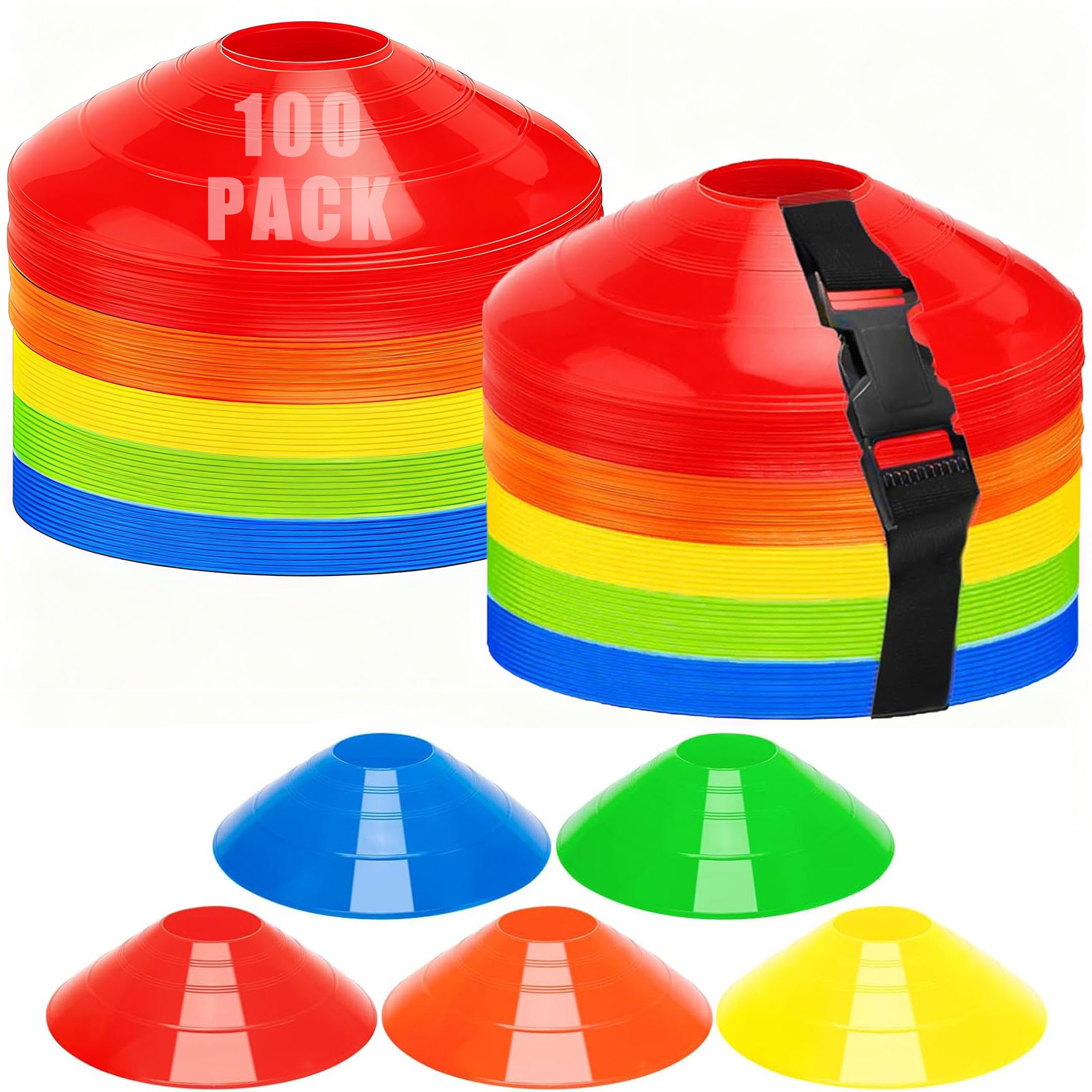MUXHEL 100PCS Football Cones, 5 Color Cones for Football Training, Football Training Cones with Strap Training Cones Set for Football Basketball & Agility Training