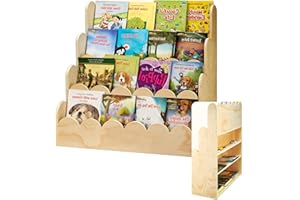 4-Tier Book Shelf, Scalloped Bookcase, Wooden Bookshelf Organizer Display Furniture for Kids Rooms, Classroom, Nursery and Pl