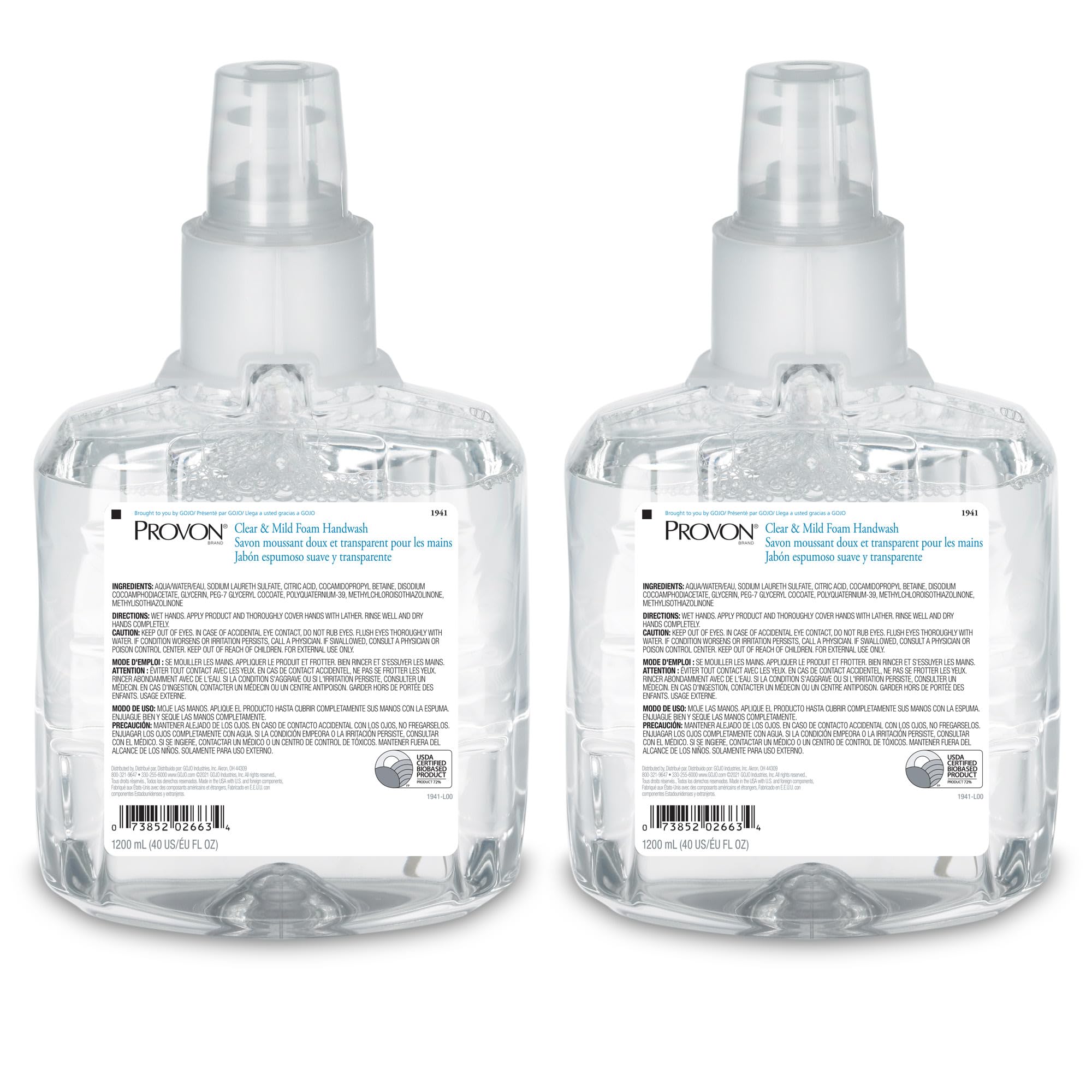 Photo 1 of PROVON LTX-12 Clear and Mild Foam Handwash, EcoLogo Certified, 1200 mL Foam Soap Refill for LTX-12 Touch-Free Dispenser (Pack of 2) - 1941-02