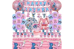 AIXPROBEAD Stitch Party Supplies, 101PCS Birthday Decorations Set Include Banner, Balloons, Stickers, Hanging Swirls, Cake Cupcake Toppers, Tablecloth for Girls Pink Stitch Theme Party