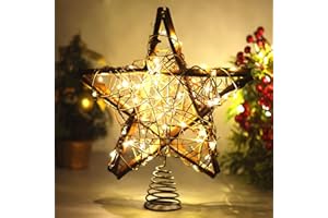 JOYTRY Christmas Tree Topper Star,Rattan Christmas Tree Topper with 50 LED Light,10 Inch Warm White Light Rustic Star for Christmas Tree Decoration Holiday Farmhouse Decor Battery & USB Powered