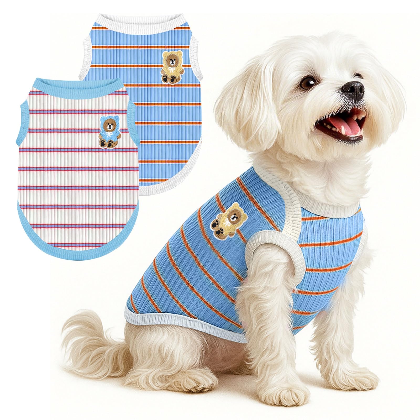Photo 1 of ABRRLO 2 Pack Striped Dog Shirts for Small Dogs Clothes Boys Girls Cat Tees Outfits Sleeveless Stretchy Puppy Tshirts Lightweight Pet Vest Soft Breathable Doggy Tank Top Chihuahua Yorkie Clothing
