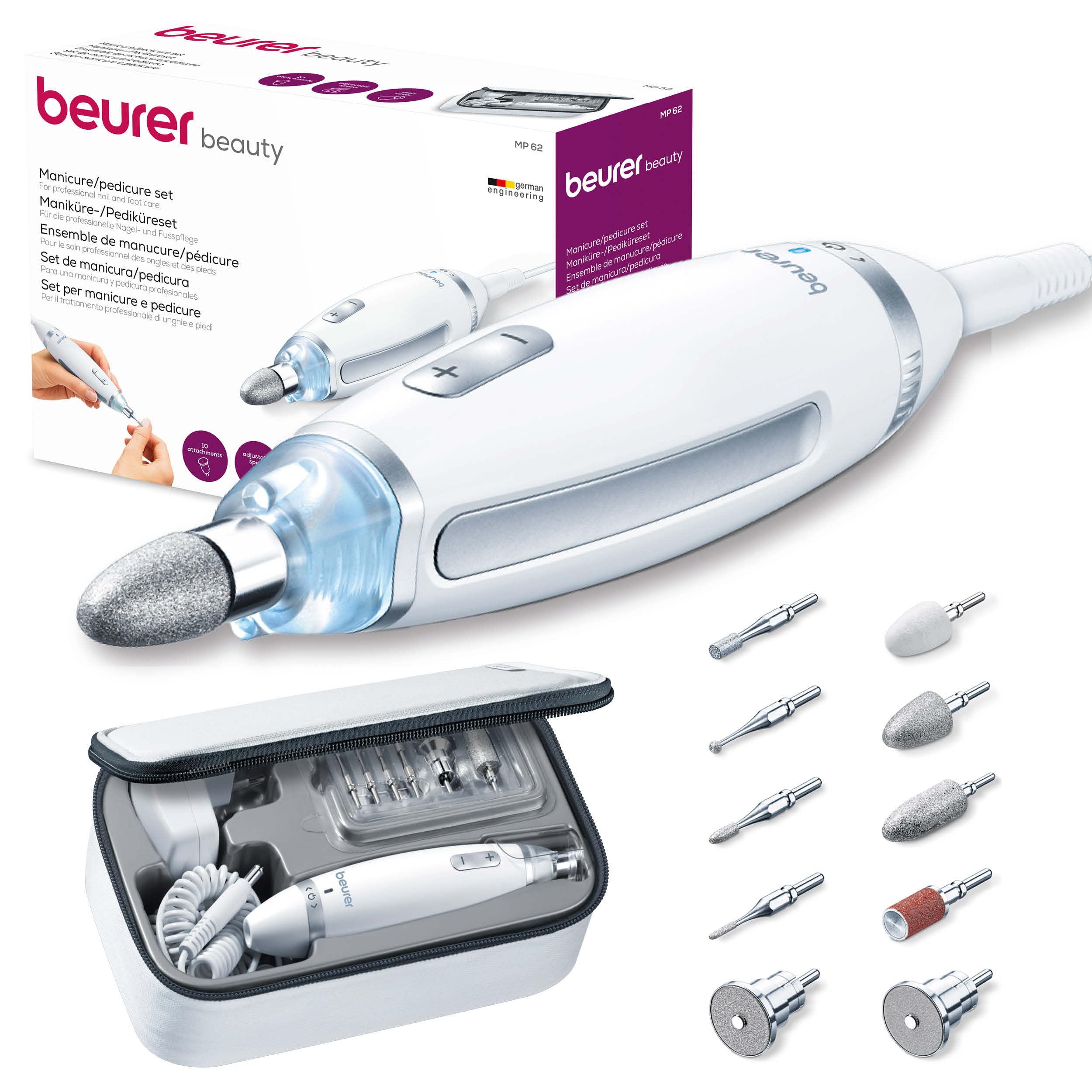 Beurer MP 62 Electric Manicure/Pedicure Set with 10 Tips LED Light with Storage Bag