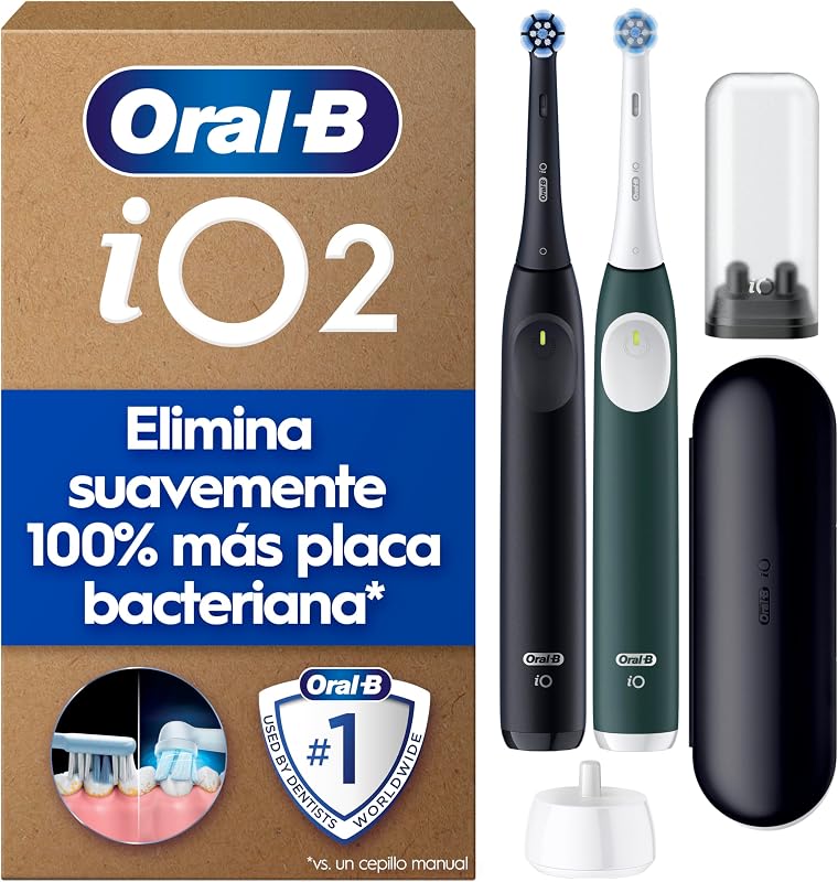 Oral-B iO 2 Pack de 2 Escovas de Dentes Elétricas Night Black e Forest Green, 2 Cabeças, 1 Estojo de Viagem, 1 Suporte de Recarga, 3 Modos de Escovagem, Sensor de Pressão e Temporizador