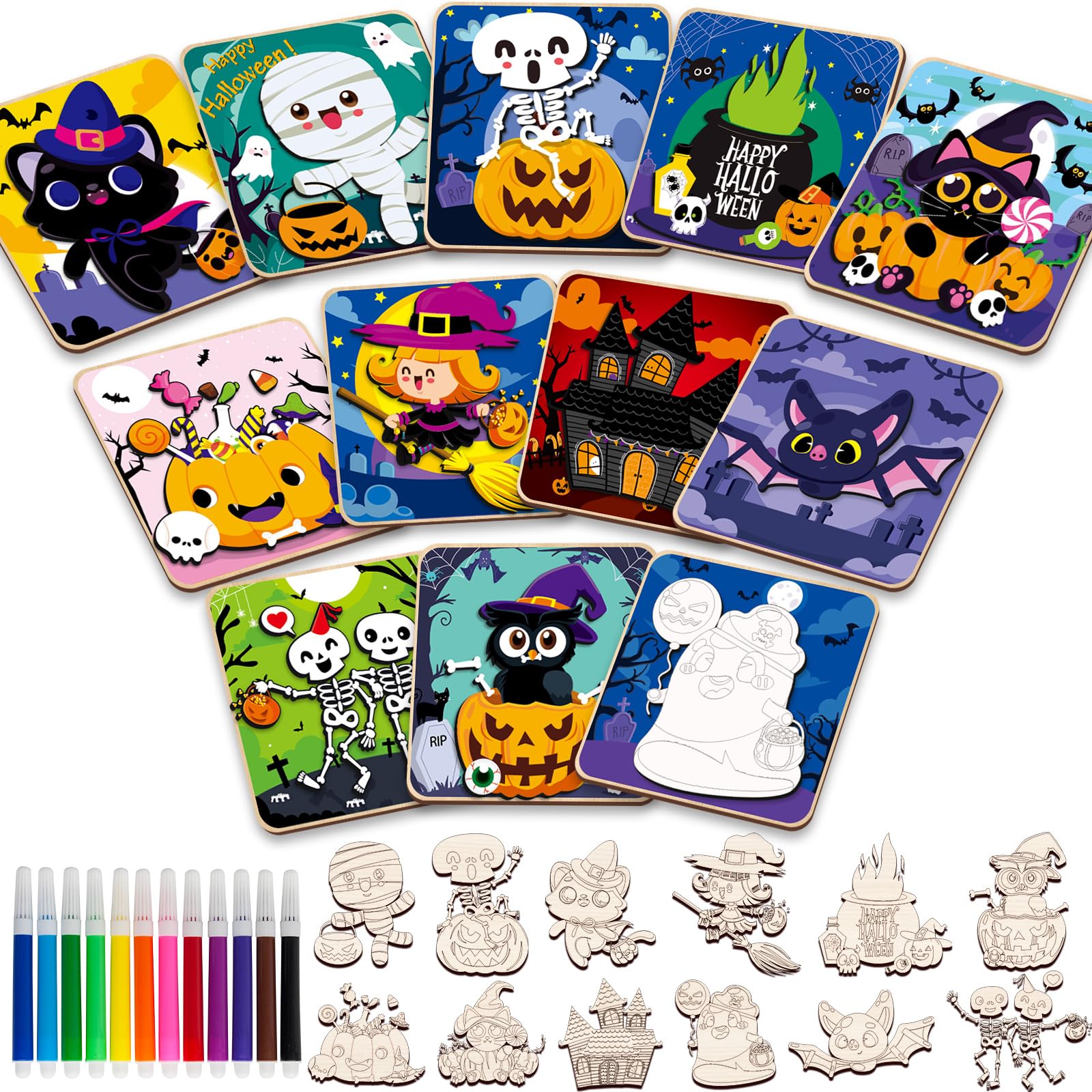 Photo 1 of 12 Pack Wooden Puzzles for Toddlers - Halloween Puzzles Coloring Craft Kits for Kids Boys Girls - Montessori Toys Halloween Party Favors Treat Bag Gifts Educational Learning Jigsaw Puzzle