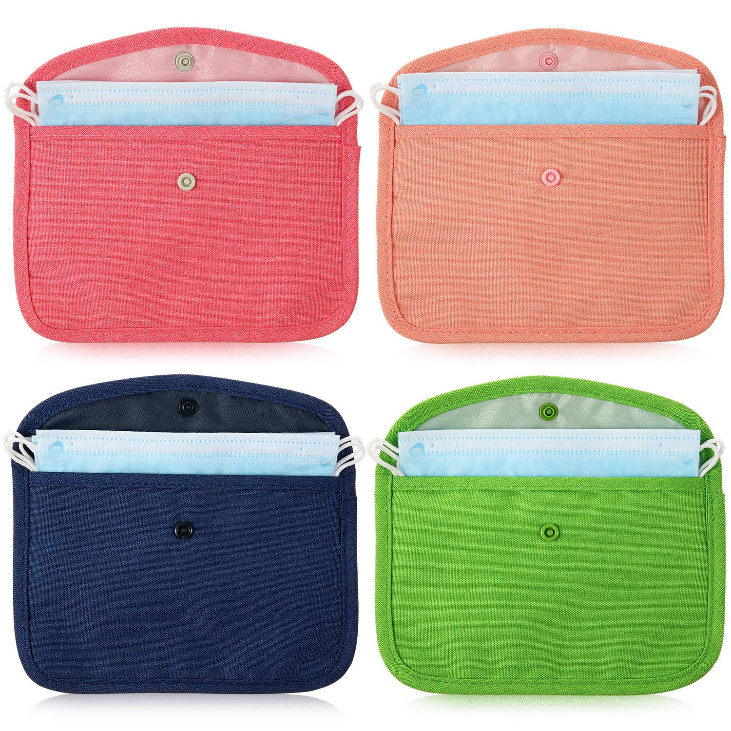 4 Pieces Portable Face Cover Storage Bags Cloth Face Cover Organizer Case Cosmetic Containers Face Covers Clips Pollution Prevention Bags (Navy Blue, Peachy Pink, Green and Pink)