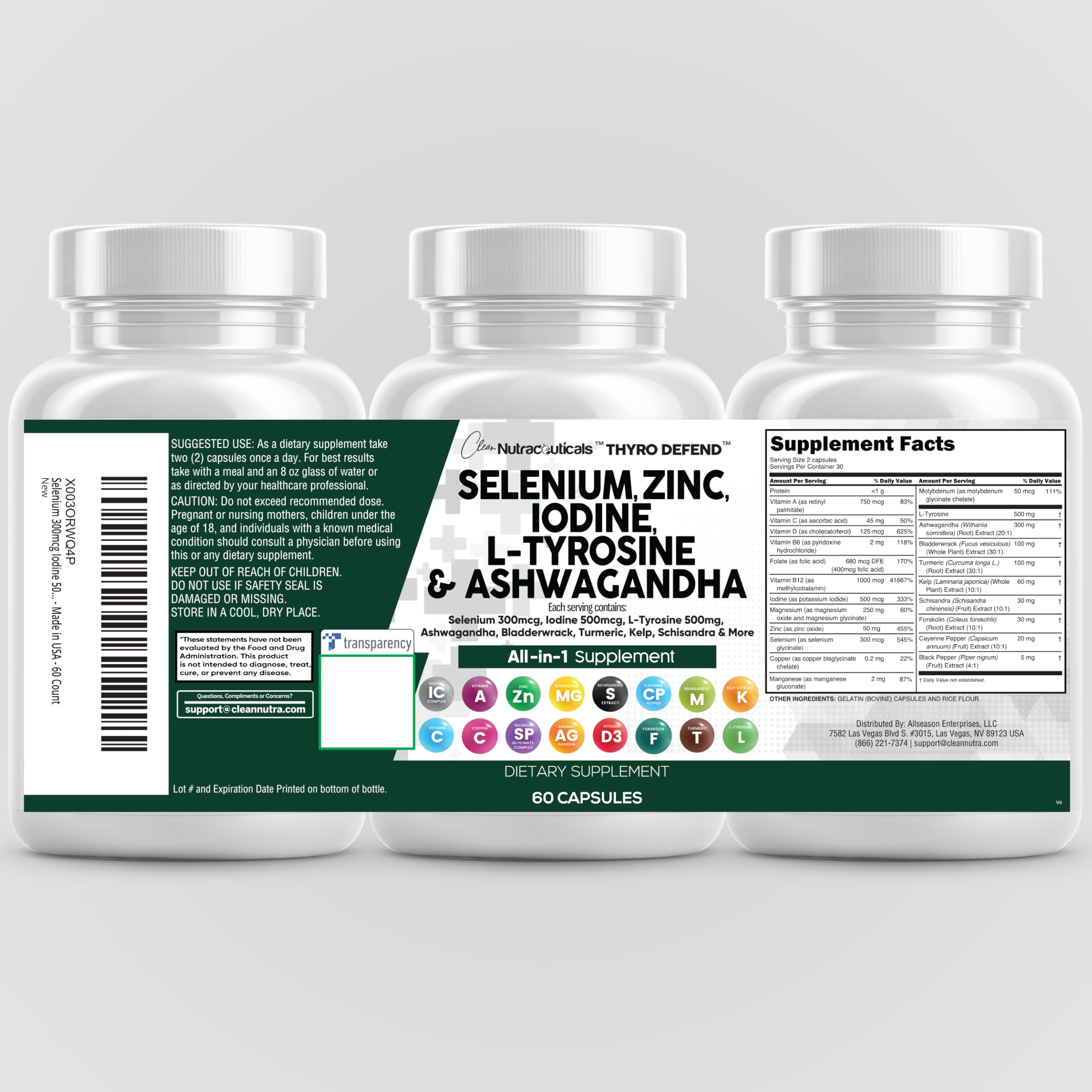 Clean Nutra Selenium 300mcg Iodine 500mcg Thyroid Support for Women & Men | L Tyrosine 500mg Ashwagandha Supplement Bladderwrack, Turmeric, Kelp, Schisandra Zinc Pills Capsule Supplements
