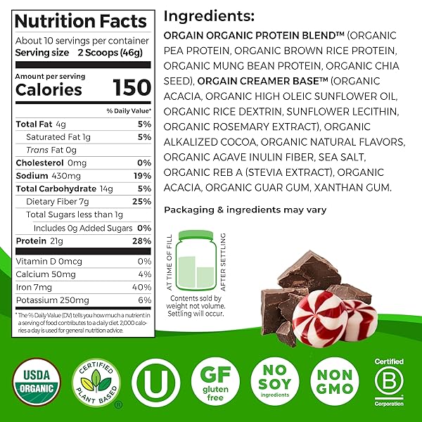 ORGAIN ORGANIC VEGAN PROTEIN POWDER, PEPPERMINT HOT COCOA HOLIDAY FLAVOR – 21G OF PLANT PROTEIN, 5G PREBIOTIC FIBER, NO LACTOSE INGREDIENTS, NO ADDED SUGAR, NON-GMO, FOR SHAKES & SMOOTHIES, 1.02 LB