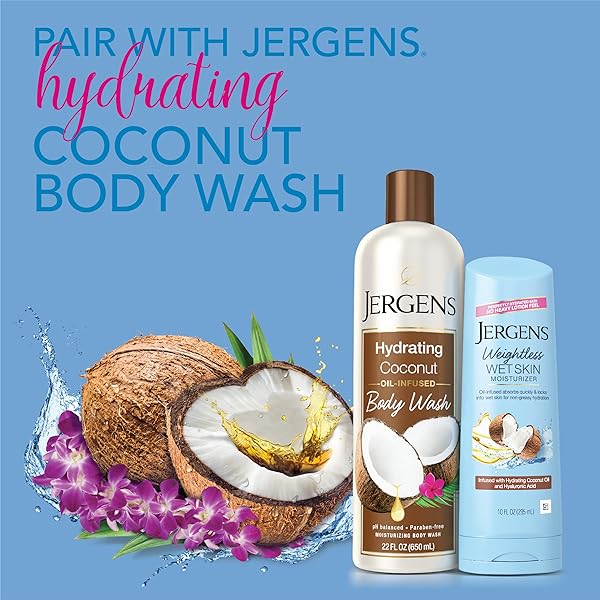 JERGENS WET SKIN BODY LOTION WITH COCONUT OIL, IN SHOWER LOTION FOR DRY SKIN, FAST-ABSORBING, NON-STICKY, DERMATOLOGIST TESTED, 10 OUNCE