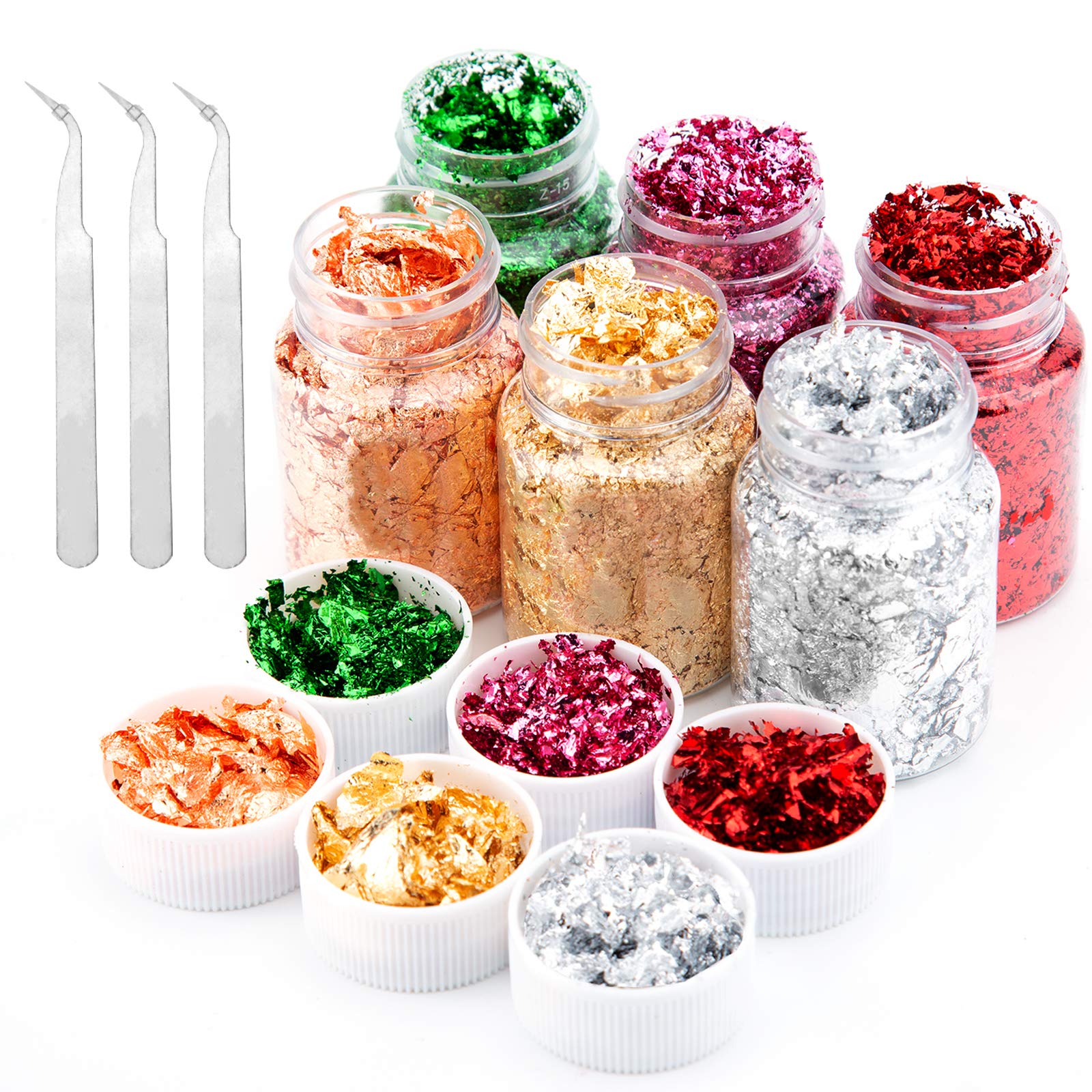 AIEX 6 Bottles Gold Foil Flakes with 3 Tweezers, Imitation Leaf Metallic Gilding Flakes for Nails Art, Resin Art, Paintings, DIY Crafts (6 Color, 3g for Each Color)