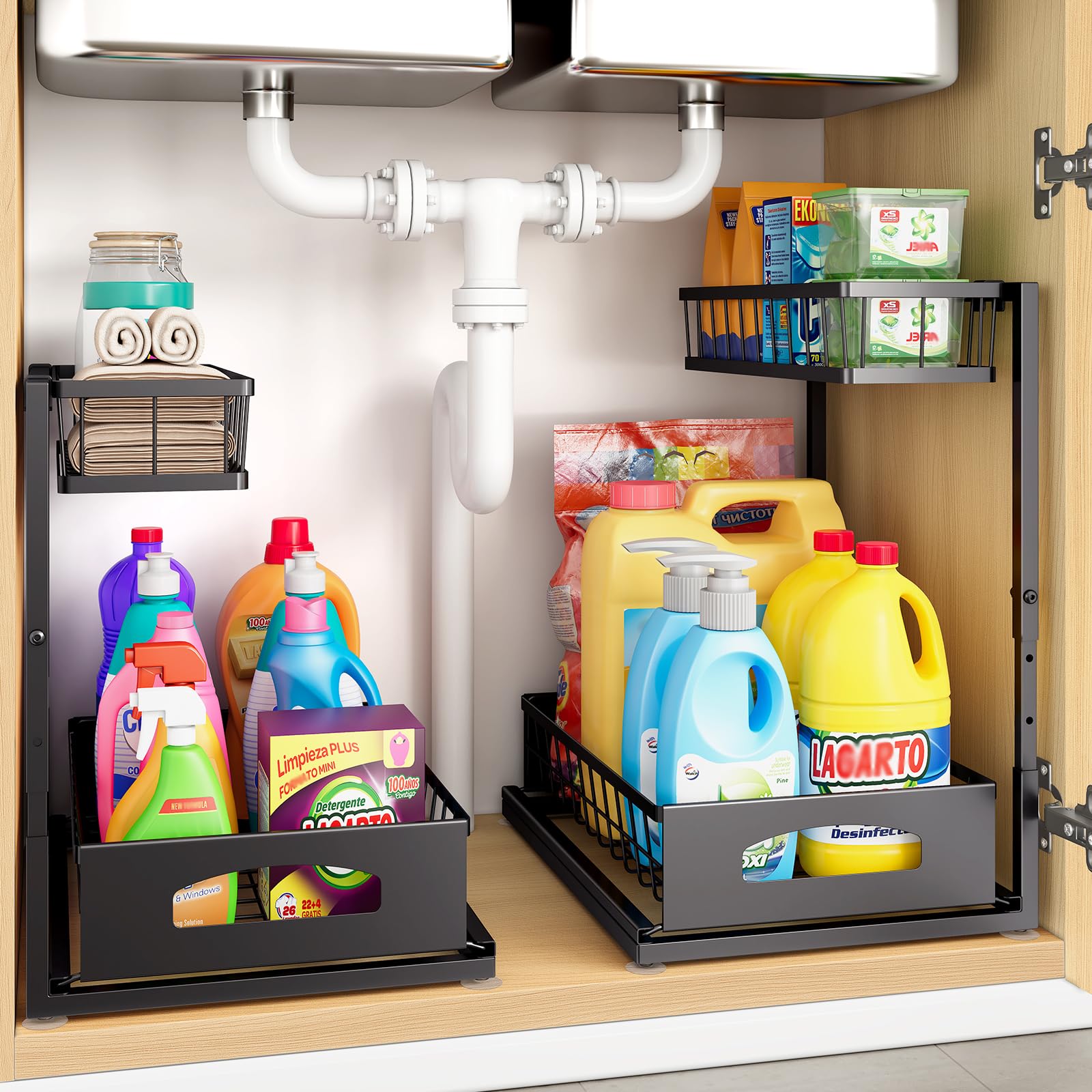 Photo 1 of Under Sink Organizer, 2 Pack Height Adjustable Cabinet Organizer with Slide Out Drawer, Pull Out Under Sink Storage, Multi-Purpose 2 Tier Sink Shelves for Kitchen Bathroom Pantry (Black, 2 Pack)